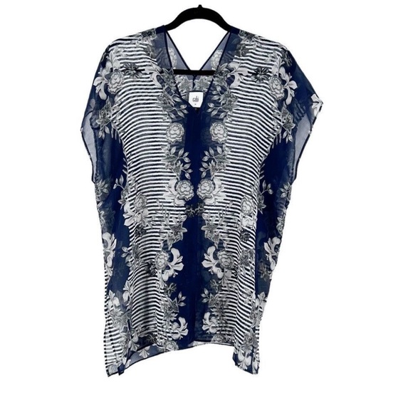Cabi Size Medium Sheer Floral Print Yacht Blouse Top Navy Blue 5024 V-Neck - Picture 1 of 4